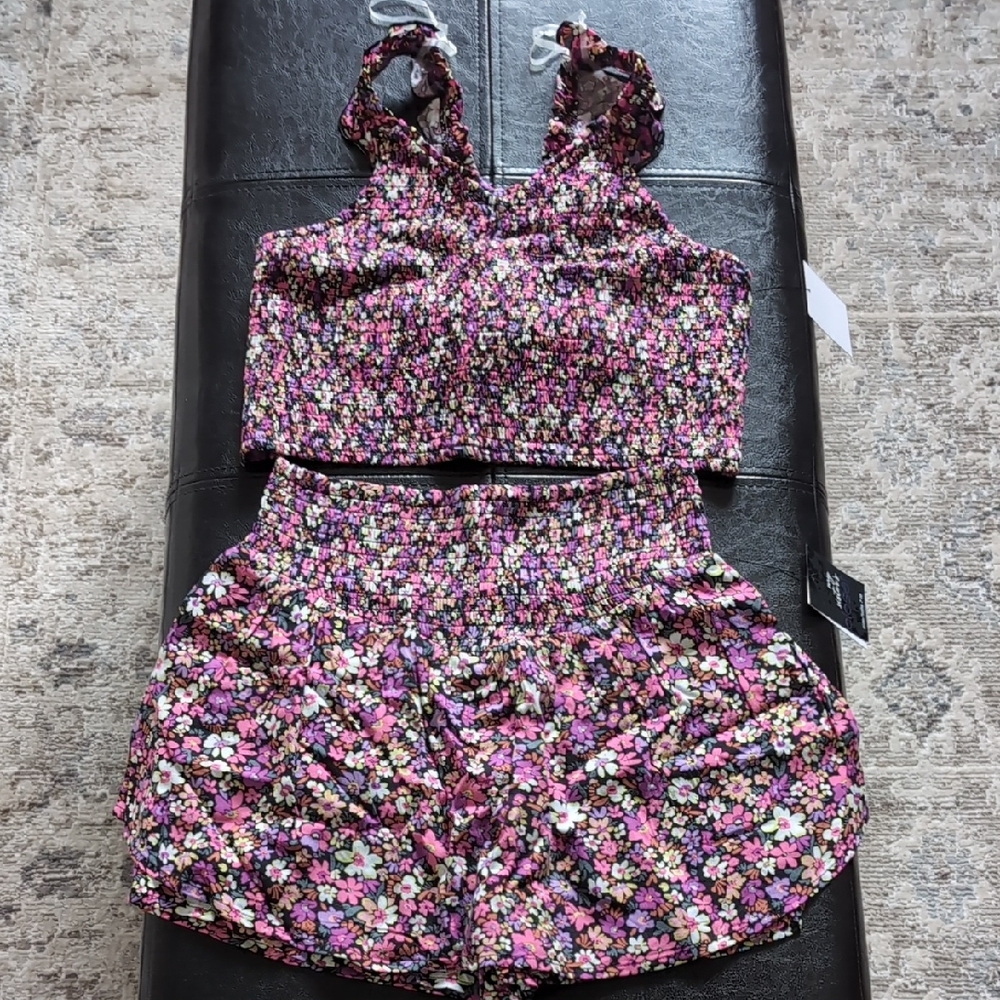 Girls Pink Floral Smocked Tank Top & Skorts Set - Cute Two-Piece